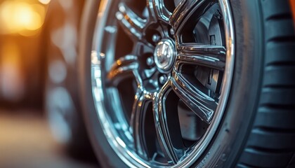 Obraz premium Powerful disc brake pads on luxury sports car tires in a dynamic racing environment