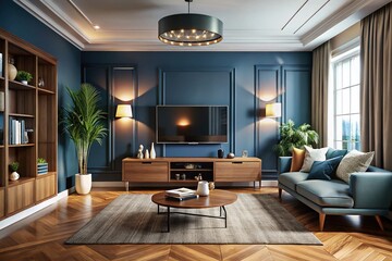 Sophisticated living room featuring a dark blue wall, TV on a cabinet, modern decor, cozy ambiance, stylish furniture, and ample copy space for design inspiration.
