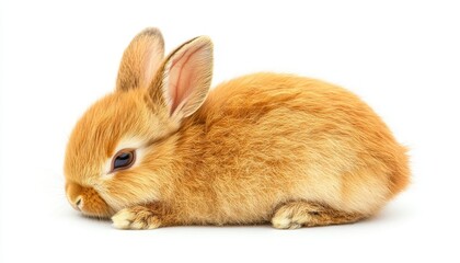Obraz premium Cute brown rabbit resting on a white background, captured in calm isolation