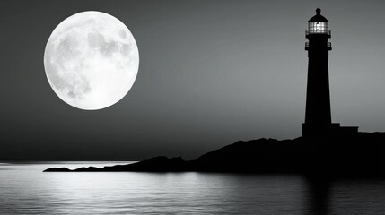 A large moon, a lighthouse silhouette, and dark water at night.