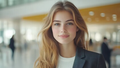 Fototapeta premium Confident businesswoman smiling in modern open plan office environment