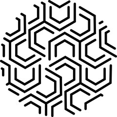 A black and white geometric pattern consisting of interconnected hexagonal shapes with angular line extensions, creating a modern technological or circuit board-like appearance.