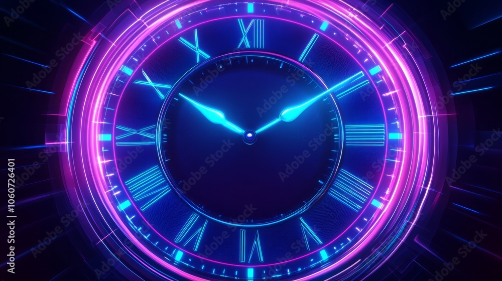 Poster neon clock face representing a time machine, in a futuristic style.