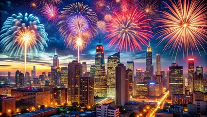 Spectacular 4th of July Fireworks Over a City Skyline - Seamless Background for Holiday Celebration