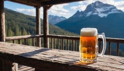 Refreshing Beer Mug on a Rustic Mountain Lodge Bar During Sunset. Generative AI