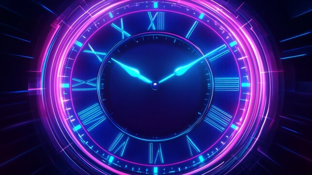 Neon clock face representing a time machine, in a futuristic style.
