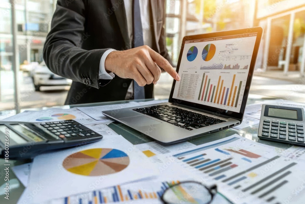 Aufkleber businessman analyzing financial data on a laptop with charts and graphs