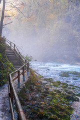 gorge with a river in the mountains, blue water, blue river, waterfalls, rocks and mountains