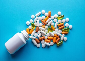 Spilled White Pills and Plastic Bottle on Blue Background - Top View Closeup of Dietary Supplements and Vitamins in a Pharmaceutical Medical Capsules Pattern