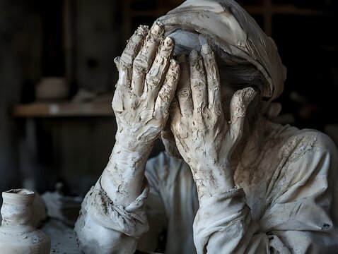 A sculptor with hands and face covered in clay, capturing the intensity and focus of artistic creation
