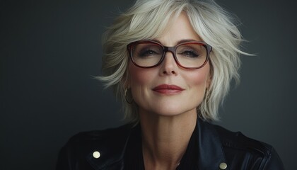 Stylish middle-aged woman in glasses smiling warmly against a grey background