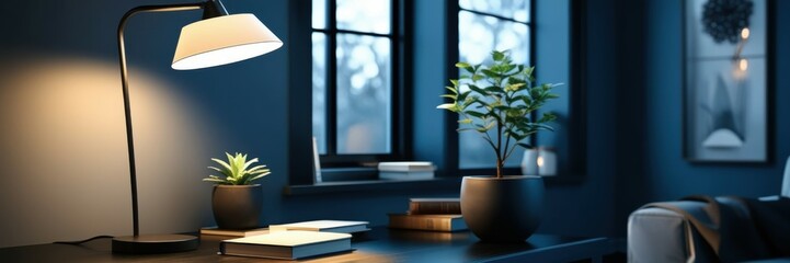 night scene, home office desk, desk lamp, warm light, succulent plant, laptop, palm trees silhouette, window view, blue hour, cozy atmosphere, minimalist workspace, productivity setup, modern interior