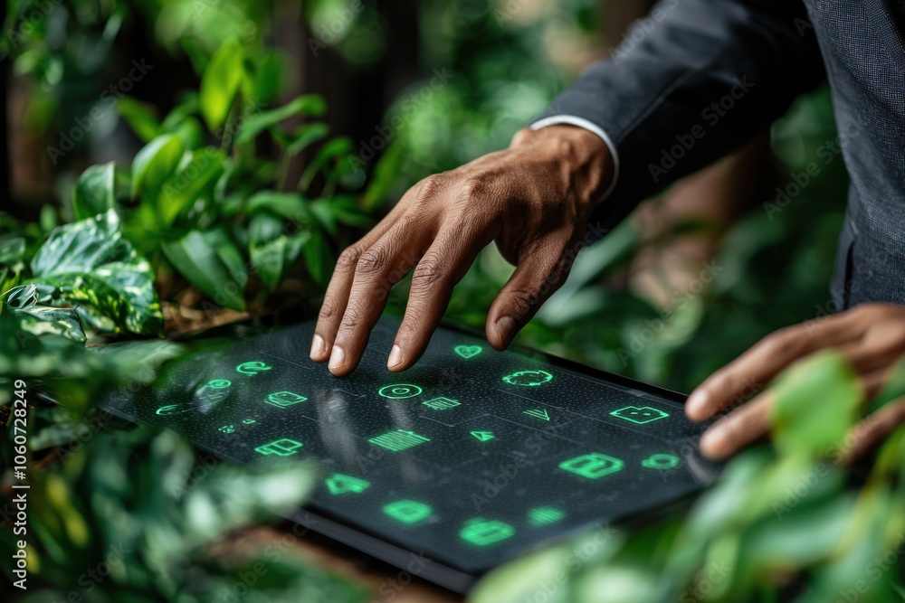 Poster person using a smart home tablet interface with lush greenery background