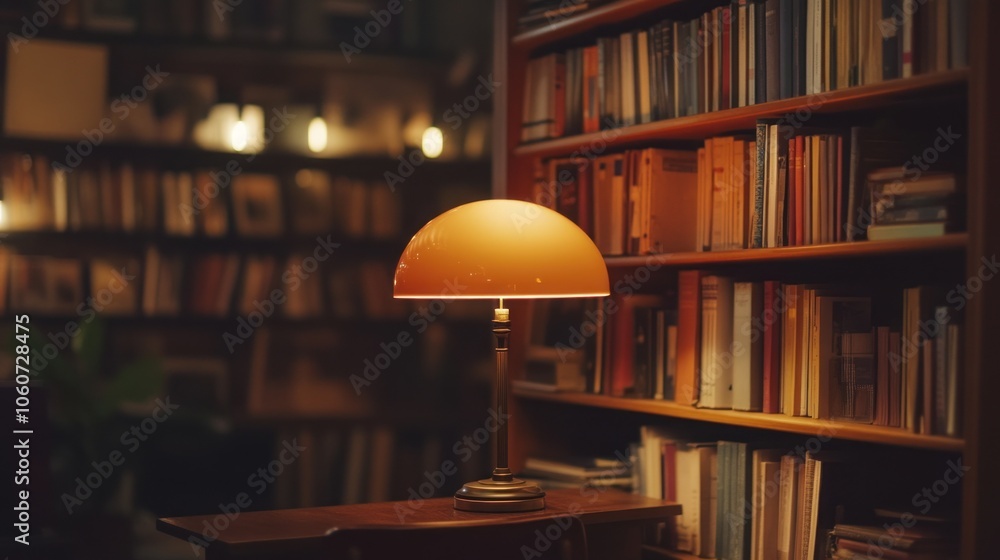 Poster a vintage lamp with an orange shade sits on a wooden table in front of a bookshelf filled with books