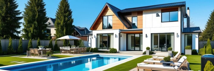 Modern luxury villa, swimming pool, contemporary architecture, landscaped garden, large windows, wood accents, outdoor living space, sunny day, blue sky, tranquil setting, high-end real estate, panora