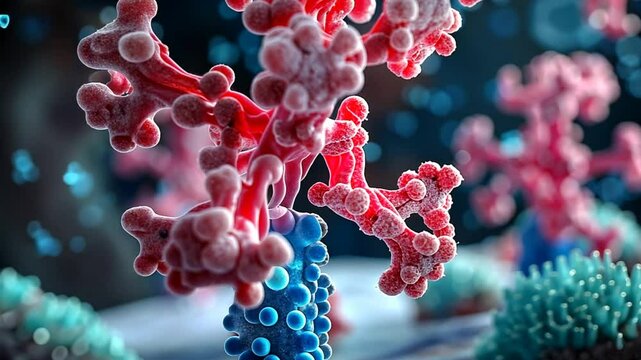 This visual displays detailed cellular structures with a striking combination of red and blue hues, illustrating their complexity and beauty in a lab environment