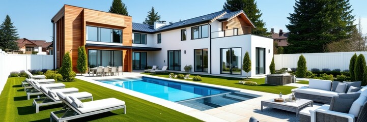 Fototapeta premium Modern luxury villa, swimming pool, contemporary architecture, landscaped garden, large windows, wood accents, outdoor living space, sunny day, blue sky, tranquil setting, high-end real estate, panora
