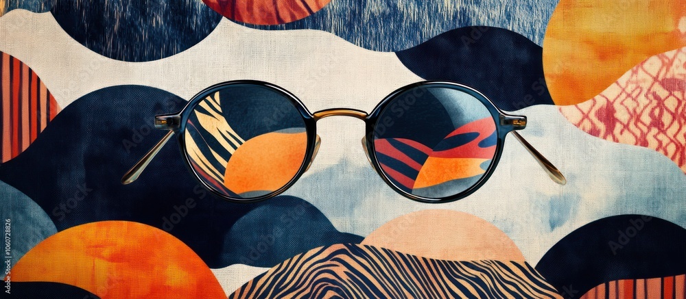Poster a pair of round black sunglasses rest on a colorful patterned background with abstract designs.