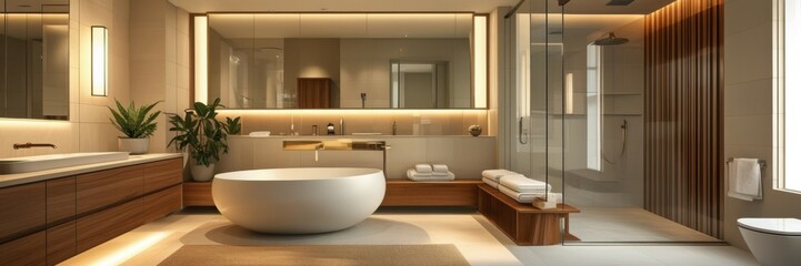 Luxurious modern bathroom, freestanding bathtub, large mirror with LED lighting, glass shower enclosure, wooden accents, warm ambient lighting, minimalist design, spacious layout, high-end fixtures, n
