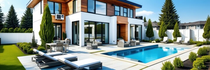 Fototapeta premium Modern luxury villa, swimming pool, contemporary architecture, landscaped garden, large windows, wood accents, outdoor living space, sunny day, blue sky, tranquil setting, high-end real estate, panora
