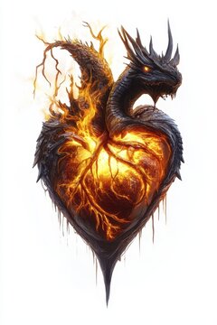 Detailed fantasy design of a dragon heart, glowing with fire, isolated on white, flames intertwining with veins, bringing to life the essence of a mythical creature