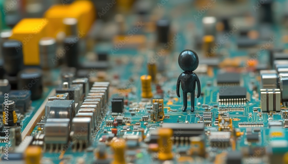 Poster tiny figure exploring a complex circuit board in a technological landscape