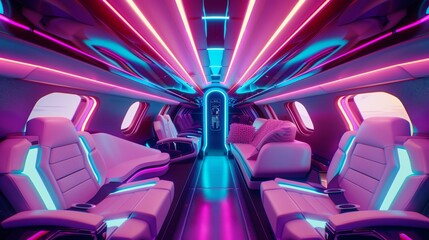 Futuristic private jet interior  luxurious design with plush seating and ambient neon lighting