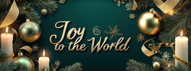 A stylish banner featuring golden ornaments and candles on a dark emerald background, elegant ribbons and pine needles framing the edges, "Joy to the World" in a modern serif font, Generative Ai 