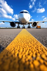 Airplane on runway with dramatic perspective and clear blue sky, AI