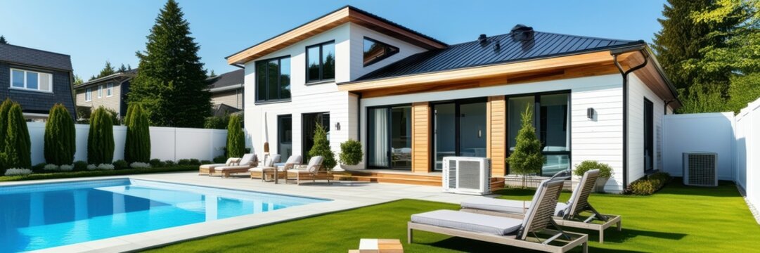 Modern luxury villa, swimming pool, contemporary architecture, landscaped garden, large windows, wood accents, outdoor living space, sunny day, blue sky, tranquil setting, high-end real estate, panora