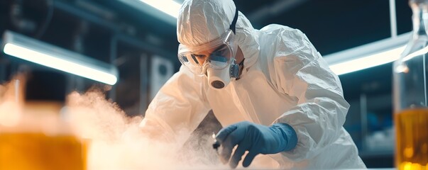 Crime Scene Investigator in Hazmat Suit Collecting Evidence Amidst Toxic Substances - Dark Atmospheric Spotlight Effects Enhance Tension and Suspense in Forensic Investigation