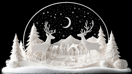 Intricate paper-cut diorama of a winter night scene with deer, pine trees, a cozy village, and mountains under a crescent moon and starlit sky, evoking holiday charm and tranquility. Festive decor.