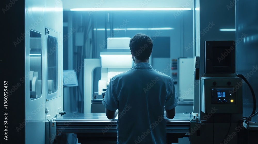 Poster technician working in a high-tech laboratory