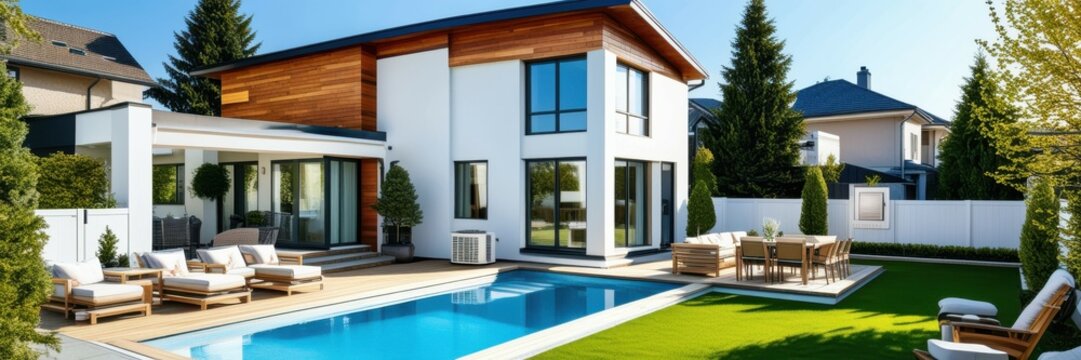 Modern luxury villa, swimming pool, contemporary architecture, landscaped garden, large windows, wood accents, outdoor living space, sunny day, blue sky, tranquil setting, high-end real estate, panora