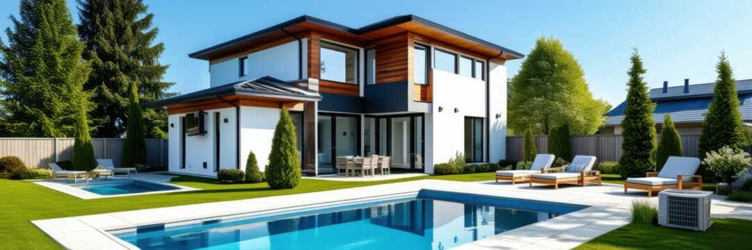 Modern luxury villa, swimming pool, contemporary architecture, landscaped garden, large windows, wood accents, outdoor living space, sunny day, blue sky, tranquil setting, high-end real estate, panora