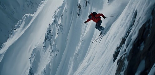 A skier in mid-air, leaping off an icy cliff with snow-covered mountains and blue sky behind them