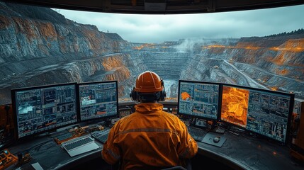 In a vast mineral extraction site, an engineer operates a control room