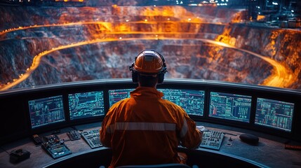 A mining engineer in protective gear oversees a mining operation at dusk, using advanced computer systems to monitor processes within a vast illuminated quarry.