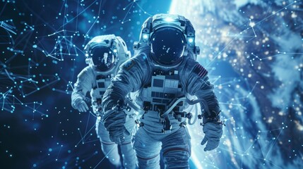 Fototapeta premium Two astronauts are spacewalking in their protective suits with earth and a network of interconnected points of light in the background, representing future technology and space exploration