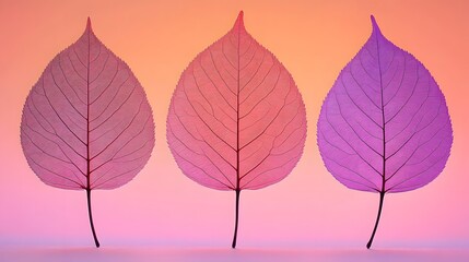 Obraz premium Three translucent leaves in gradient colors against a soft background.