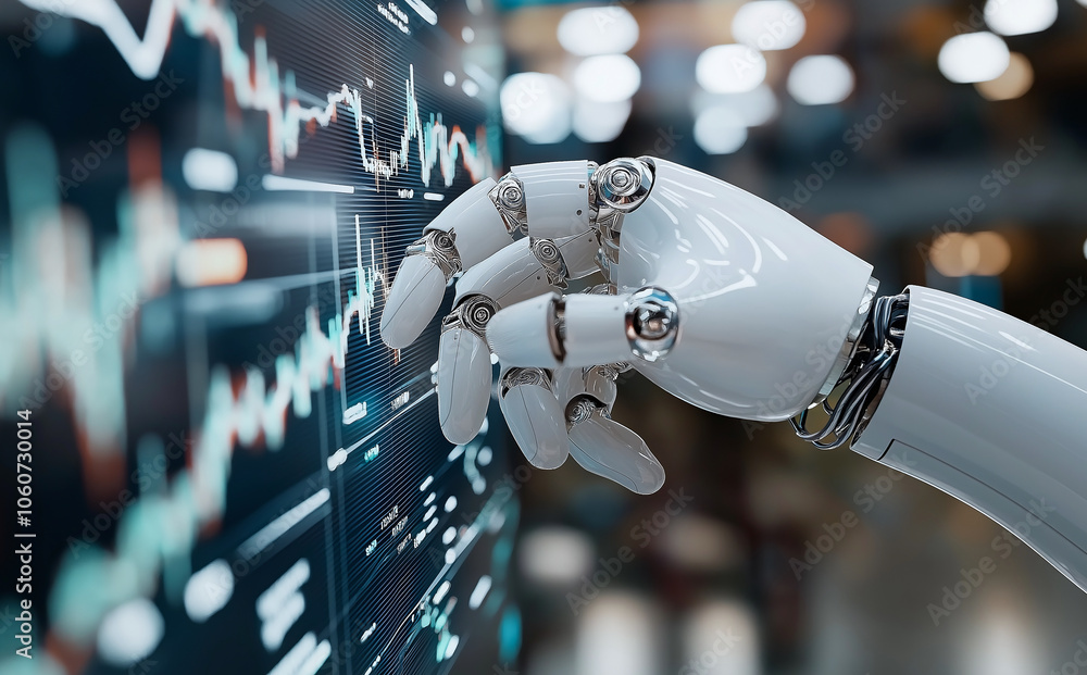 Poster robotic hand interacting with digital screen displaying data trends, showcasing advanced technology 