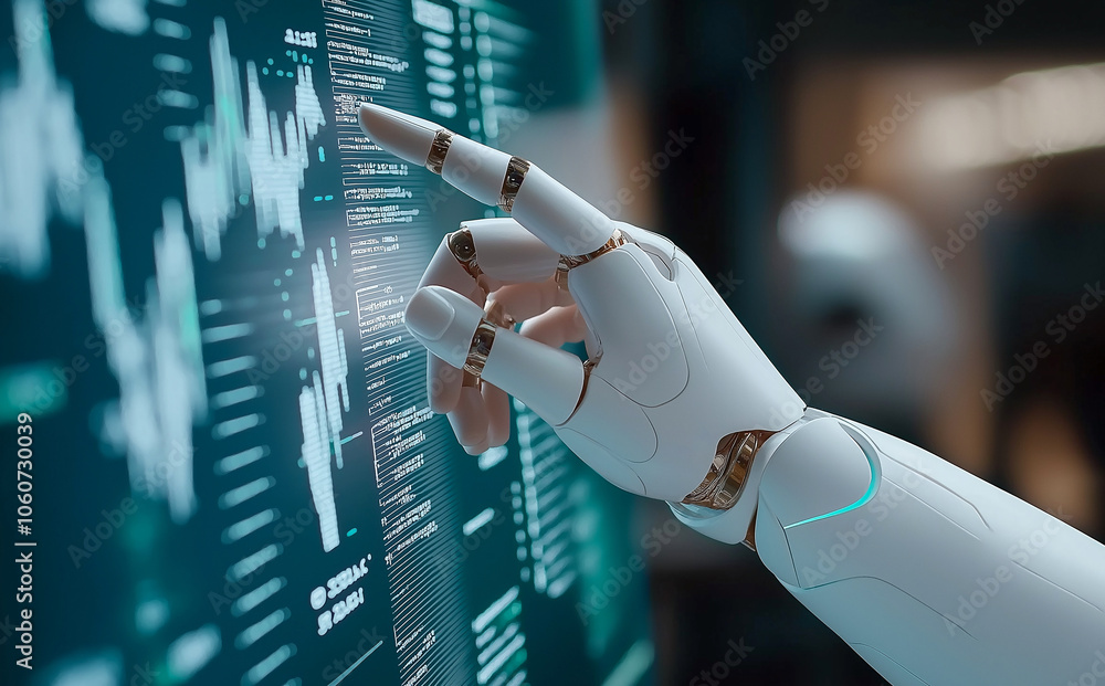 Poster robotic hand interacting with digital screen displaying data and graphs, showcasing advanced technol