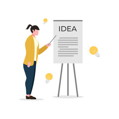 Vector of a businesswoman presenting ideas on a flip chart, with light bulbs symbolizing creativity and brainstorming. Ideal for innovation, teamwork, and business discussions.