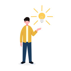 Vector illustration of a businessman standing with a light bulb above his hand, symbolizing innovation and ideas. Suitable for themes of creativity, inspiration, and business development.