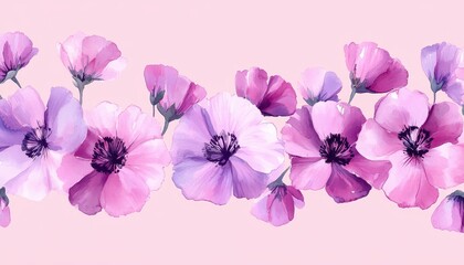 Fototapeta premium Delicate watercolor lavender flowers create a seamless border on a soft background