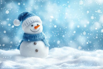 A Cheerful Snowman in a Blue Hat and Scarf Amidst Falling Snow