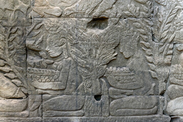 Bas-relief Sculpture at Bayon temple in Angkor Thom, Siem Reap, Cambodia.