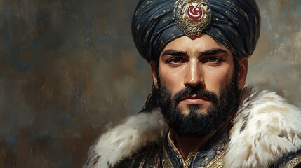 Noble sultan in regal turban with fur trim