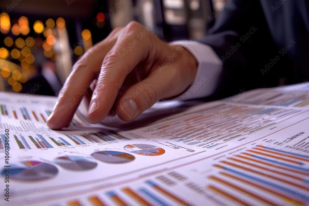 Fototapete close-up of a hand analyzing financial data with charts and graphs
