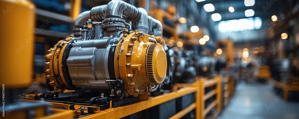 Poster close-up of a yellow and silver industrial engine in a factory setting
